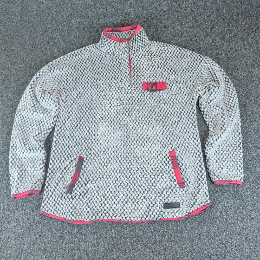 Simply Southern Womens Fleece Pullover XL Grey Popcorn Sherpa Buffalo Plaid Trim — photo 2